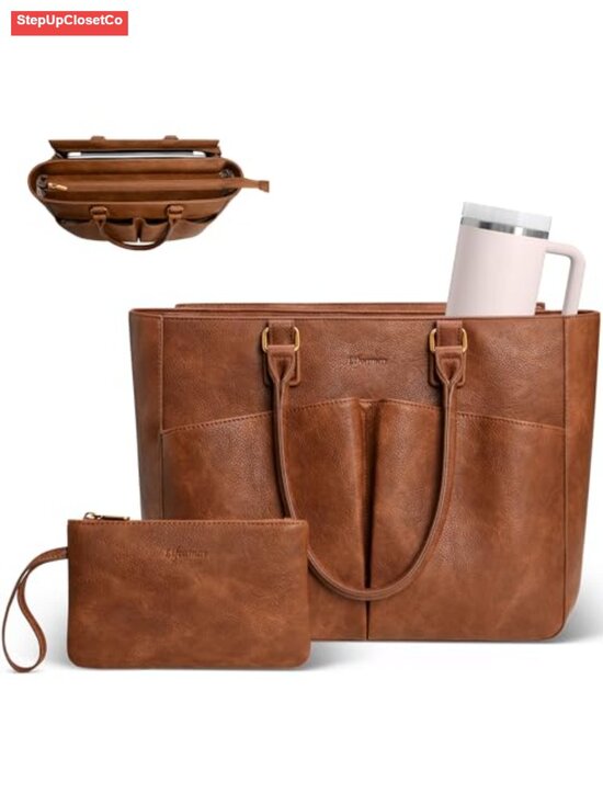 Handbags - Faux Leather Tote Bag, Padded Laptop Compartment, Work & Travel